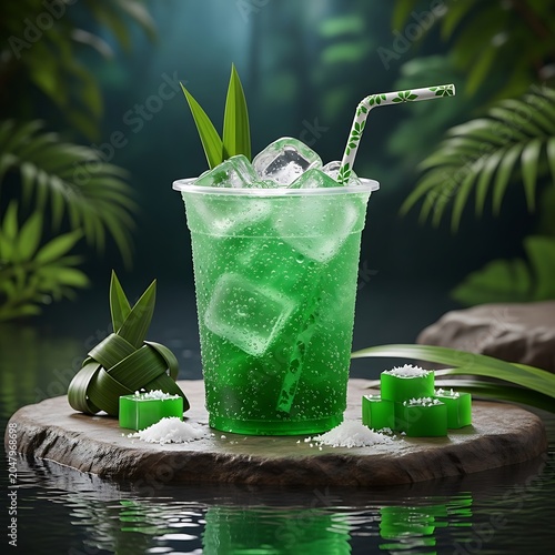 Healthy green pandan drink with ice cubes and pandan leaves, refreshing.