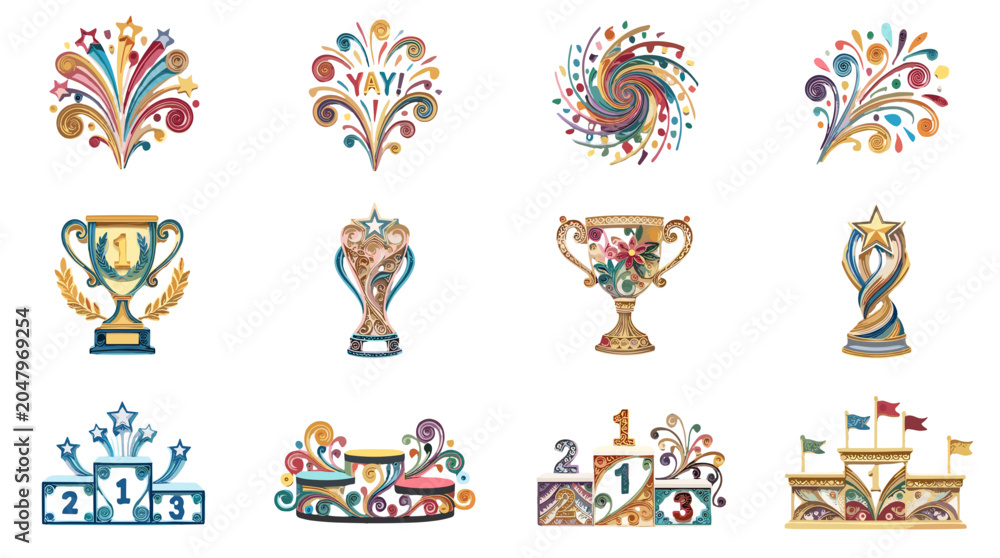 Fototapeta premium Colorful celebration fireworks and trophies for achievement and success