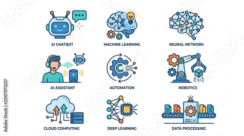 Ai and machine learning concepts icons set