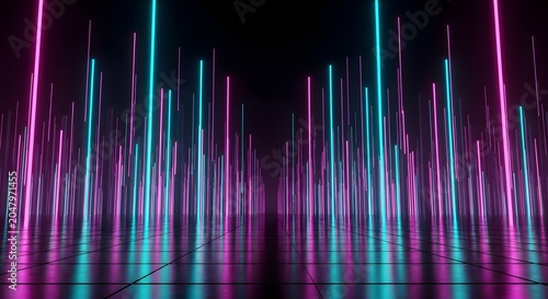 Abstract neon lines and reflections in a dark futuristic cityscape with a grid floor