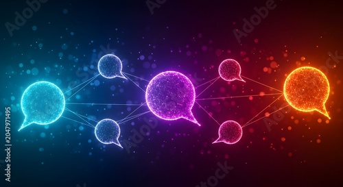 Connected speech bubbles network with glowing lines on dark gradient background