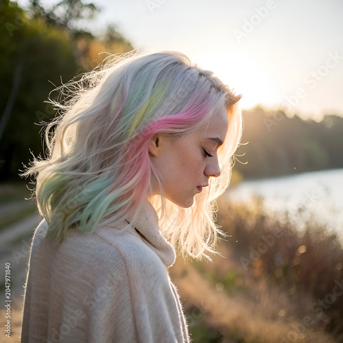 A portrait with pastel-colored hair glows beautifully under sunlight.