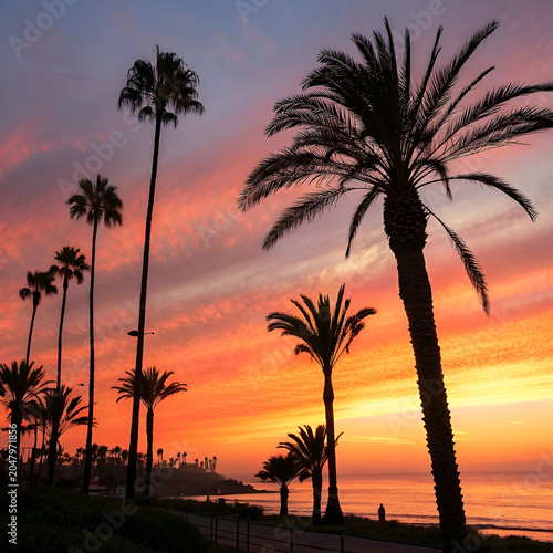 Palm tree silhouettes stand against a vibrant sunset sky.