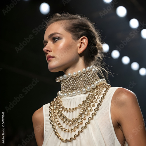 A pearl and chain choker combines classic elegance with edgy runway fashion.
