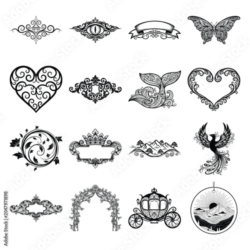 Vintage ornamental flourishes and filigree icons, set of 16 decorative black vector elements, elegant scrollwork frames and mystical symbols