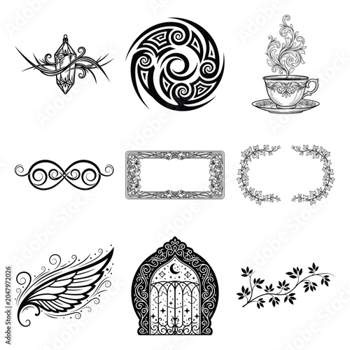 Mystical black and white tattoo elements, set of 9 decorative vector icons, celestial and floral ornamental illustrations for branding and design