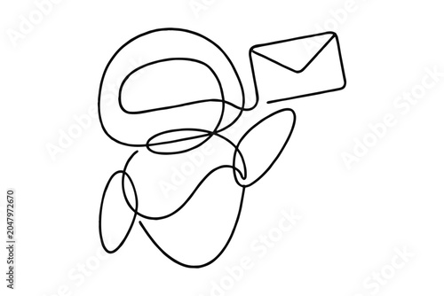 Continuous one line drawing of a cute robot holding an envelope.