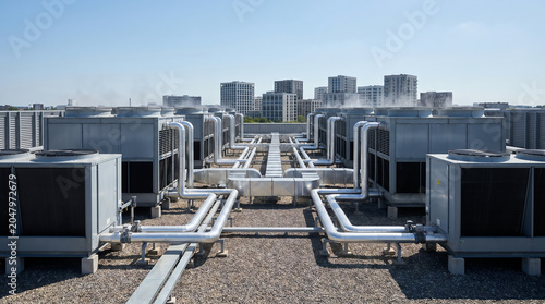 Industrial HVAC Cooling Systems and Chiller Units on Data Center Rooftop Against Urban Skyline