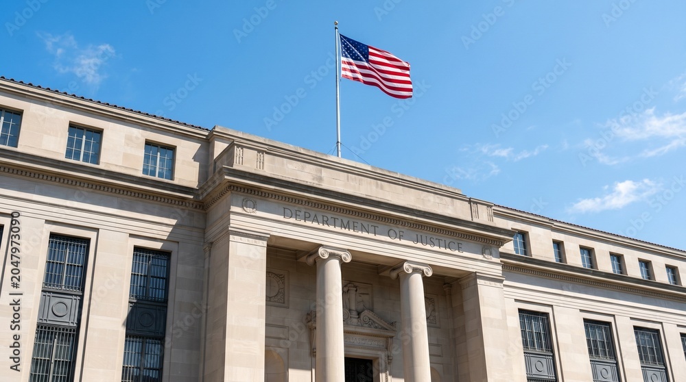 Obraz premium Exterior of the Department of Justice building in Washington DC with an American flag flying. Government architecture and legal system center. Federal law institution landmark concept.
