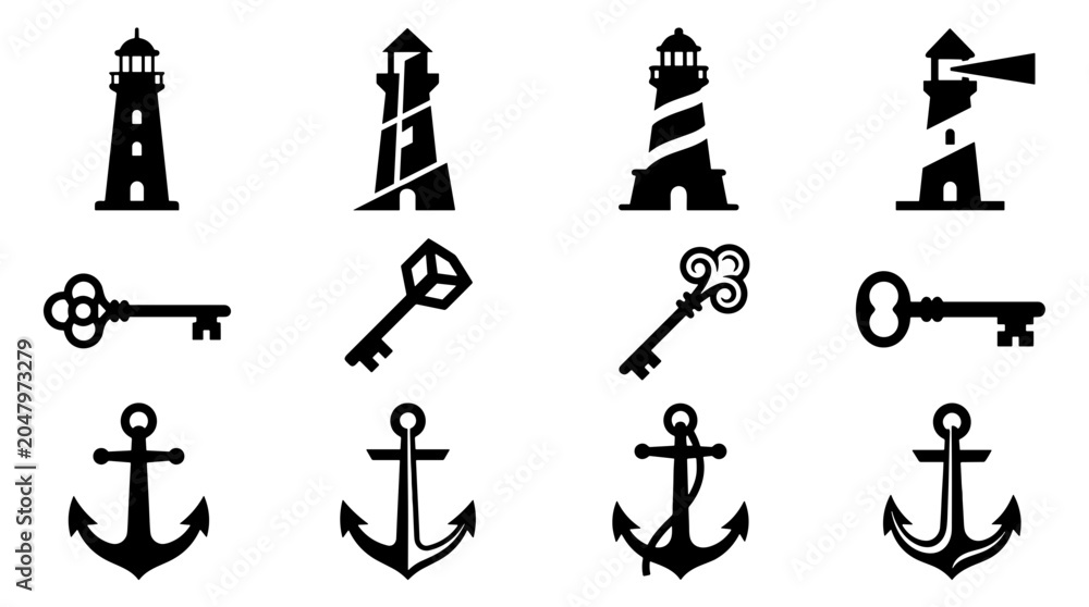 Obraz premium Collection of black silhouette lighthouse and anchor icons