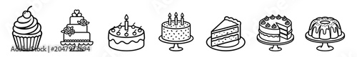 Black and white line art illustrations of various cakes and desserts including a cupcake, tiered wedding cake, birthday cakes, cake slice, and bundt cake on transparent background