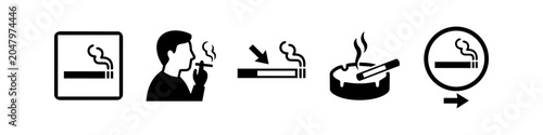 Billede på lærred Collection of black smoking area vector icons featuring a person smoking, ashtray, and cigarette signs for designated zones and public information notices
