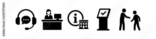 Obraz na plátně Set of black and white customer service icons featuring call center support, receptionist desk, information point, self-service kiosk, and interpersonal assistance symbols
