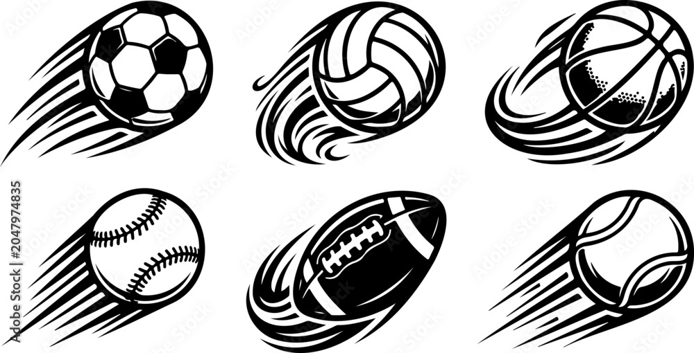 Obraz premium Stylized Sports Balls With Speed Trails Depicting Motion Energy And Vibrant Athletic Illustration For Competition