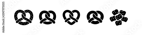 Obraz na płótnie A set of five black vector pretzel icons featuring traditional, heart, and nugget styles