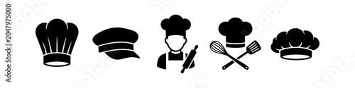 Fotografie Professional set of chef and bakery icons featuring various hats, a baker character with a rolling pin, and kitchen utensils like whisk and spatula in a minimalist flat black vector style
