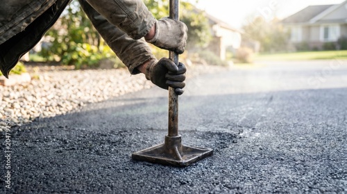 Worker holding a heavy metal hand tamper tool to compact fresh asphalt on a driveway patch