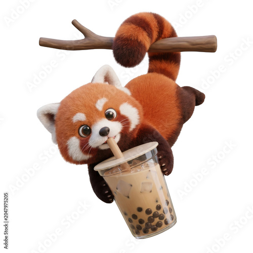 Red panda sipping boba tea isolated on transparent background