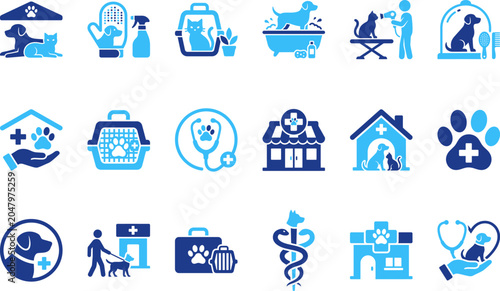 Set of blue veterinary clinic icons including animals buildings signs and medical symbols.