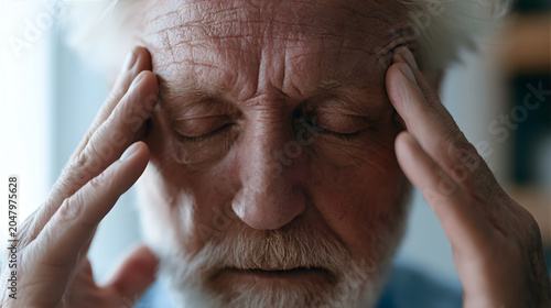 Senior man touching head with eyes closed showing signs of stress or headache. Elderly male experiencing cognitive health issues and memory loss. Brain rehabilitation and therapy concept.