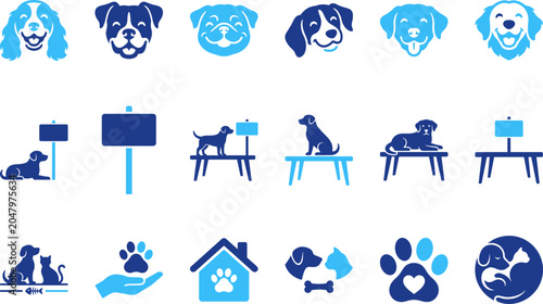Collection of cute blue and navy dog and cat icons for pet care veterinary services and animal themes.