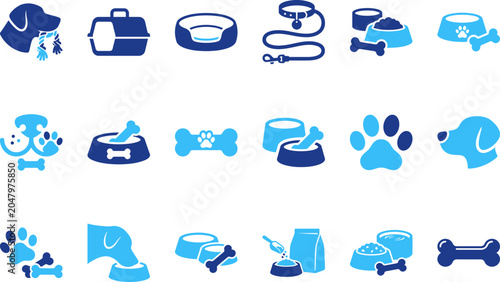 Dog accessories and food icons, pet supplies like bowls, leashes, collars, and food bags, blue.