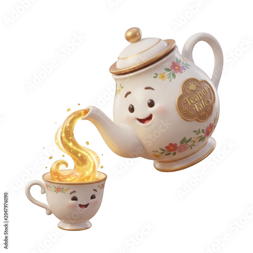 Whimsical Teapot Pouring Magical Tea isolated on transparent background