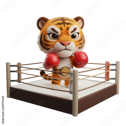 Tiger wearing boxing gloves in a ring isolated on transparent background