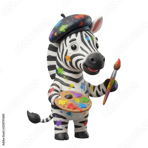 Zebra artist painting with colorful palette isolated on transparent background