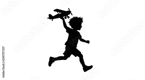 Silhouette of a Child Running with a Toy in Motion.
