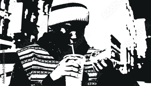 Young Person Wearing Beanie Sips Drink from Cup with Straw, Black and White Artistic Effect
