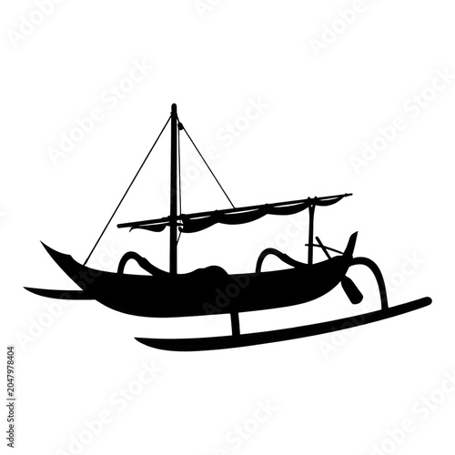 Silhouette of Traditional Polynesian Outrigger Canoe with Sail