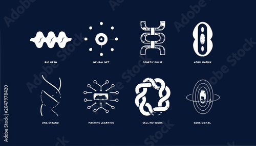 Abstract Science Icons: DNA, Neural Network, Gene, Atom, Cell, Wave