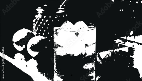 Black and White High Contrast Cocktail with Ice and Fruit