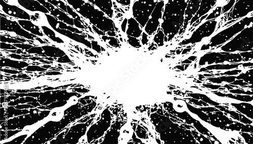 Explosion of white paint splatter on black background, dynamic abstract art, energy burst
