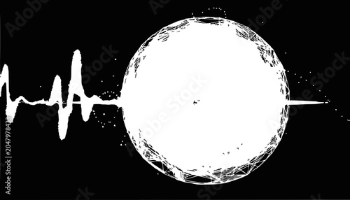 Abstract sound wave and digital sphere on black background, audio visualization