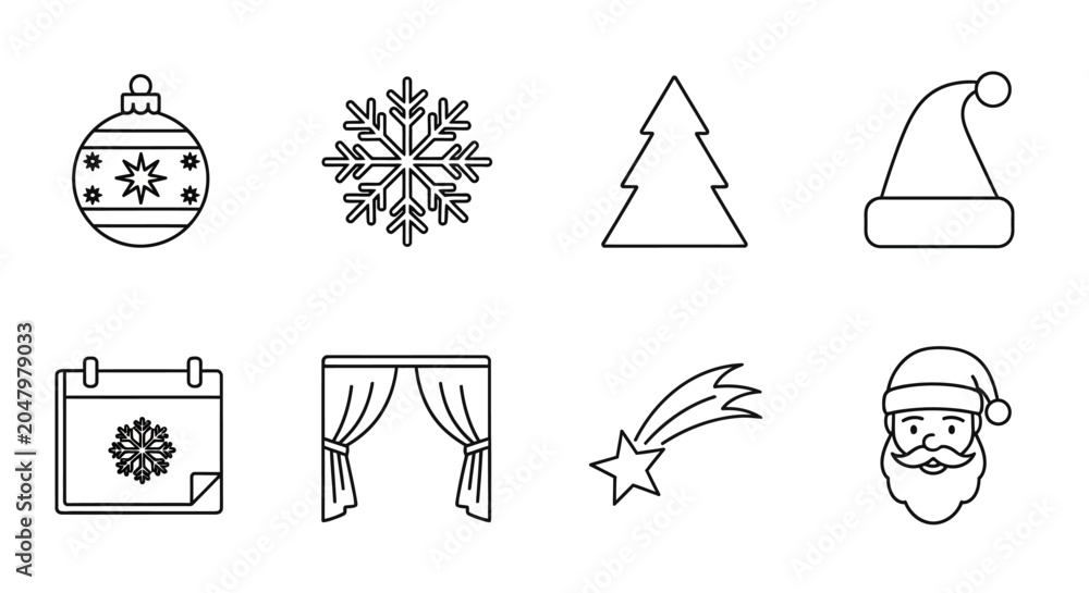 Fototapeta premium Christmas Icons, Winter Holiday Symbols, Vector Graphics, 7 Festive Elements