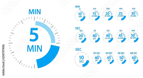 Fotografía Timer icons, minute and second clock symbols, blue vector graphics, time managem