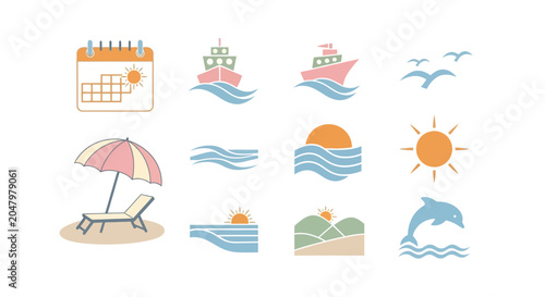 Beach icons, summer vacation symbols, travel vector set, 12 colorful graphics