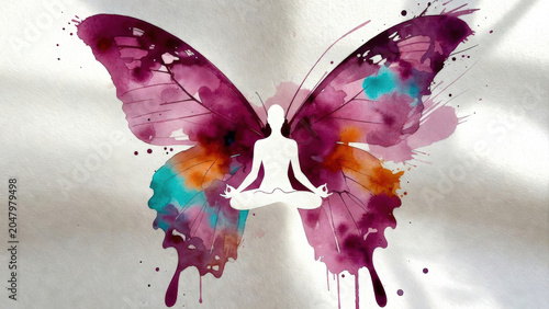 Meditazione e rinascita: silhouette yoga con ali di farfalla acquerellate