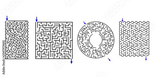 Maze puzzle set Polar, hex, rectangular, triangular Grid labyrinth maze with solution shaped maze puzzle vector, clean line art, printable logic game for activity for books publishing