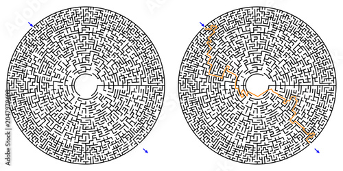 Polar Grid labyrinth maze with solution – shaped maze puzzle vector, clean line art, printable logic game for activity books, brain teaser, worksheets, and books publishing