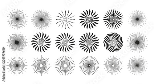 Bild auf Leinwand Black and white gradient sunburst icons, 15 vector graphics, abstract background