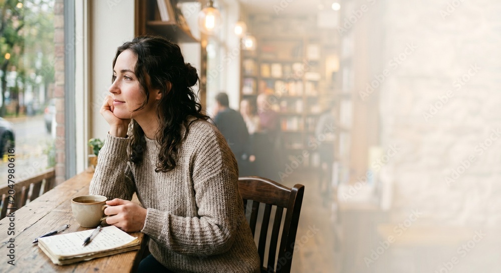 Fototapeta premium woman thinking, with plenty of copy space in a cafe