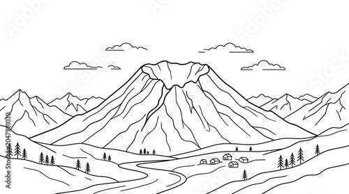 Mountain Landscape with Trees and Clouds.