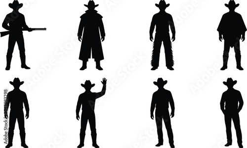 Canvas Print Collection of cowboy black silhouettes set wearing hats boots chaps poncho and h