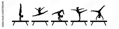 Konstfotografi Set of black female gymnast silhouettes performing various artistic gymnastics moves on a balance beam