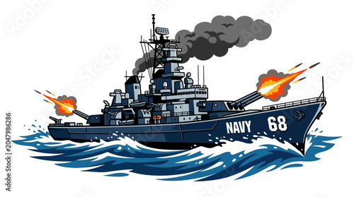 Vászonkép Navy Warship Destroyer at Sea Firing.