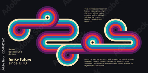 Retro abstract background with colorful striped curves and circular shapes, inspired by classic 1970s design and modern geometric aesthetics.