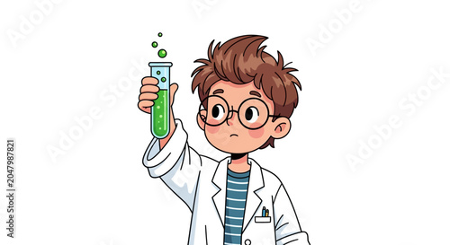 Boy in lab coat holding beaker.